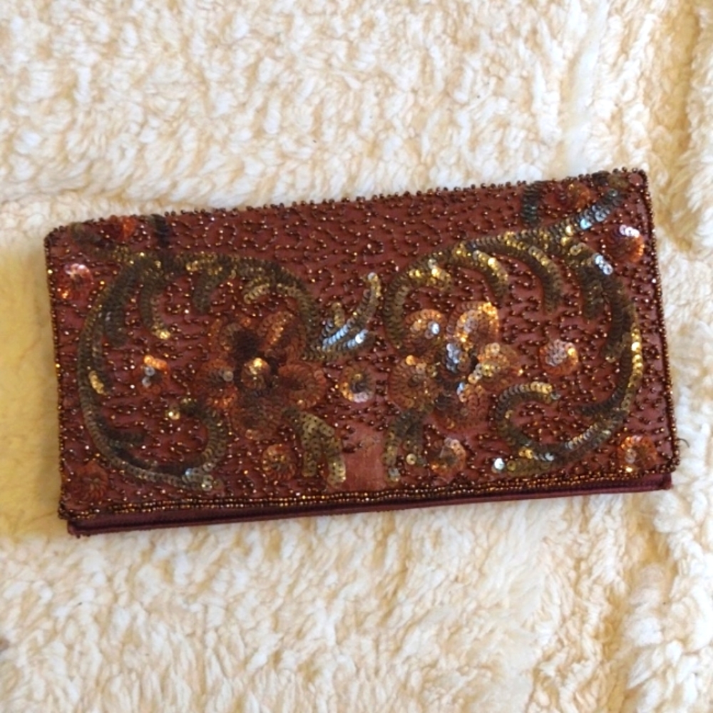 Vintage Retro Hand Beaded in France Brown Floral Sequins Formal Clutch Wristlet
